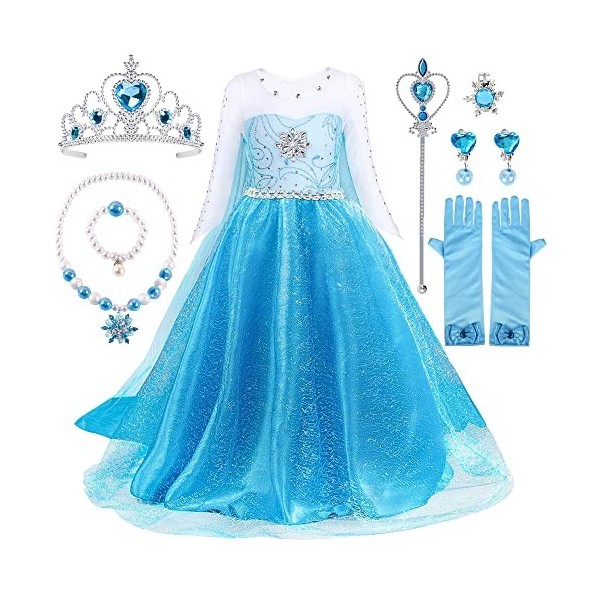 YYDSXK Elsa Dress Up for Girls,Robe de princesse Reine des Neiges avec couronne de fée,Ensemble collier de baguette de fée,Dé