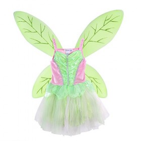 LUOEM Déguisement Fée Fille Costume Fée Clochette Enfant Ailes de Fée Papillon et Robe Fee Rose Vert Taille M 110-125cm