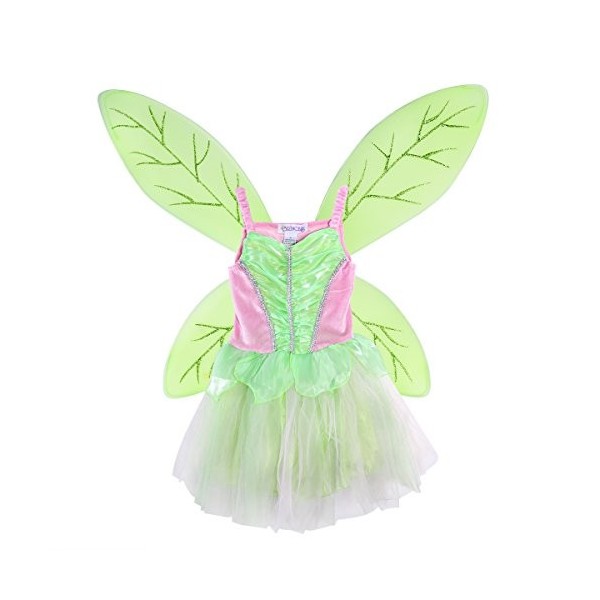 LUOEM Déguisement Fée Fille Costume Fée Clochette Enfant Ailes de Fée Papillon et Robe Fee Rose Vert Taille M 110-125cm