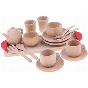 AKAMAS Service à thé 16 pièces en bois de hêtre naturel pour enfants, cuisine, fête, jeu de rôle, jeu de rôle pour enfants, t