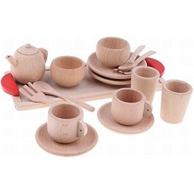 AKAMAS Service à thé 16 pièces en bois de hêtre naturel pour enfants, cuisine, fête, jeu de rôle, jeu de rôle pour enfants, t