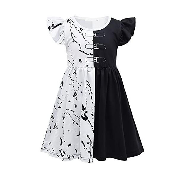 IMEKIS illes Cruella de Vil Costume Halloween Noël Dalmatien Habiller Fantaisie Blanc Noir Robe Avec Cape Méchante Reine Cosp