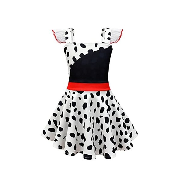 IMEKIS illes Cruella de Vil Costume Halloween Noël Dalmatien Habiller Fantaisie Blanc Noir Robe Avec Cape Méchante Reine Cosp