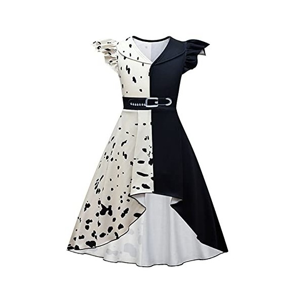 IMEKIS illes Cruella de Vil Costume Halloween Noël Dalmatien Habiller Fantaisie Blanc Noir Robe Avec Cape Méchante Reine Cosp