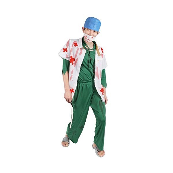 CoolChange Costume Halloween de chirurgien zombie | Médecin horreur | Blouse ensanglantée, sang artificiel & main de cadavre 