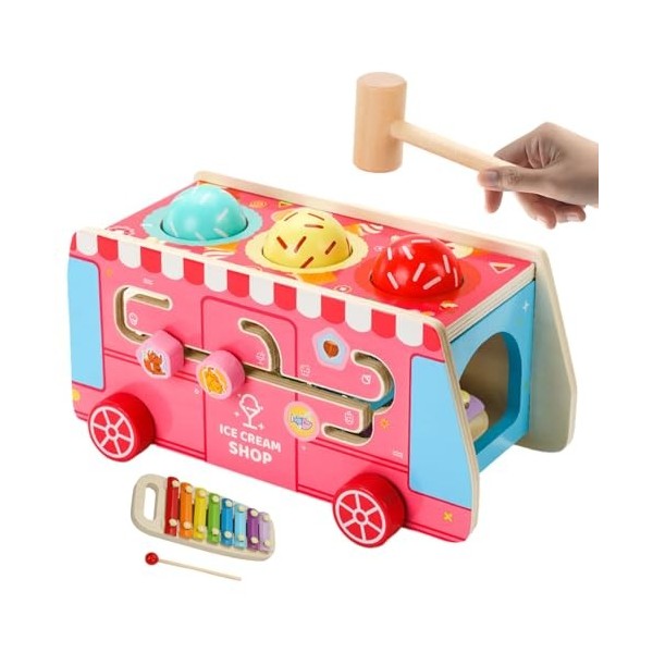 LOVEMETOO Camion de crème glacée en Bois, Nourriture et Accessoires de Jeu dimitation 5 en 1 en Bois, Jouets de tri et demp