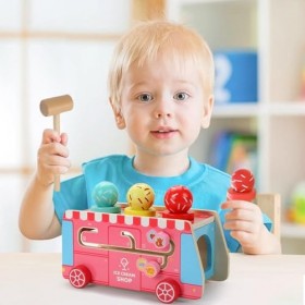 LOVEMETOO Camion de crème glacée en Bois, Nourriture et Accessoires de Jeu dimitation 5 en 1 en Bois, Jouets de tri et demp