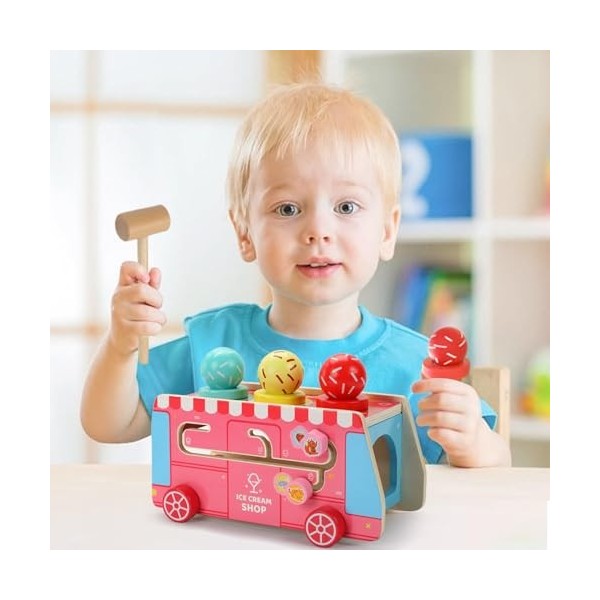 LOVEMETOO Camion de crème glacée en Bois, Nourriture et Accessoires de Jeu dimitation 5 en 1 en Bois, Jouets de tri et demp