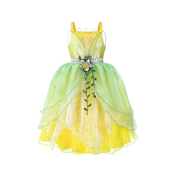 IWEMEK Déguisement de Princesse Tiana Robe Filles Carnaval Halloween Costume Conte de fée Manches bouffantes Longue Robe Noël