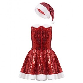Oyolan Enfant Fille Déguisement Lutin de Noël Robe Velours/Paillette Costume Noël Tenue Cosplay Mère Noël Spectacle 3-14 Ans 