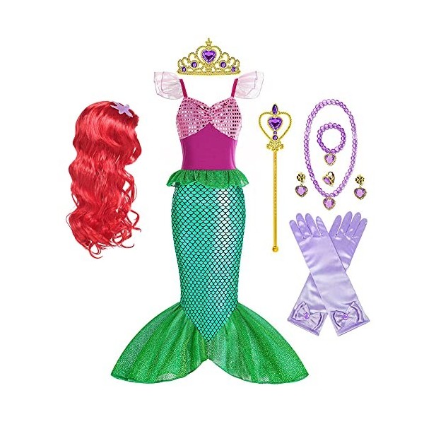 Monissy Déguisement de Princesse Sirène Costume Ariel avec Perruque pour Halloween Noël Costume de Jeu de Rôle pour Les Fille
