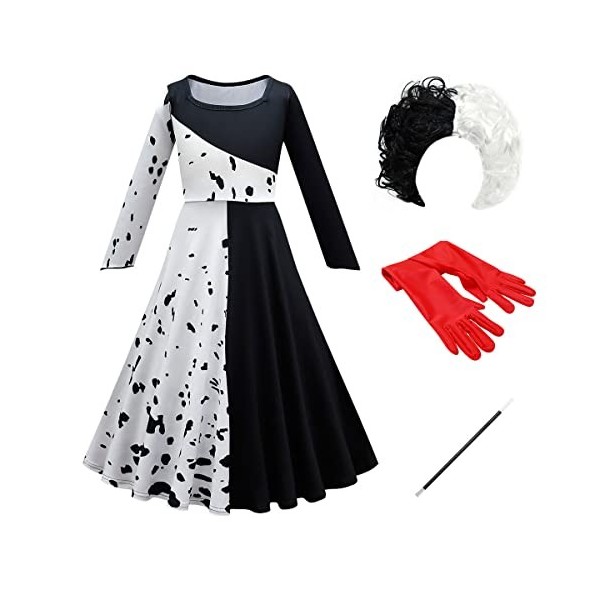 IMEKIS Filles Cruella Costume Mal Reine 101 Dalmatien Robe Carnaval Habillage Avec Gants Perruque Film Personnage Fantaisie H