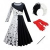 IMEKIS Filles Cruella Costume Mal Reine 101 Dalmatien Robe Carnaval Habillage Avec Gants Perruque Film Personnage Fantaisie H