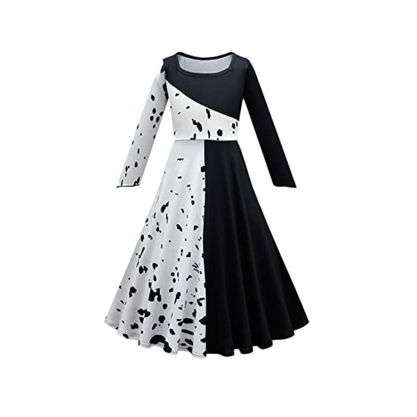 IMEKIS Filles Cruella Costume Mal Reine 101 Dalmatien Robe Carnaval Habillage Avec Gants Perruque Film Personnage Fantaisie H