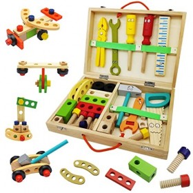 Goujfol Outils Bois Enfant, Jouet Boite a Outils Kit Jeu de Construction en Bois Etabli Bricolage Montessori Jeux Educatif d