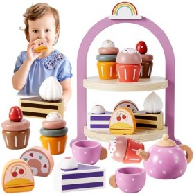 HERSITY Service à Thé en Bois pour Enfants ave Dessert Jouet Porte-gâteau, Théière Jouet Accessoire Cuisine Jeux de Rôle Cade