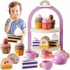 HERSITY Service à Thé en Bois pour Enfants ave Dessert Jouet Porte-gâteau, Théière Jouet Accessoire Cuisine Jeux de Rôle Cade