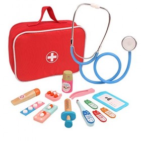 TONGJI Malette Docteur Enfant Bois, Kit Medecin Enfant 17 Pièce Jeu dimitation Jouet Docteur Set Médecin Valise Docteur Médic