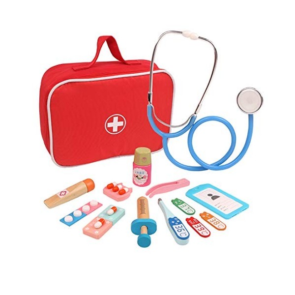 TONGJI Malette Docteur Enfant Bois, Kit Medecin Enfant 17 Pièce Jeu dimitation Jouet Docteur Set Médecin Valise Docteur Médic