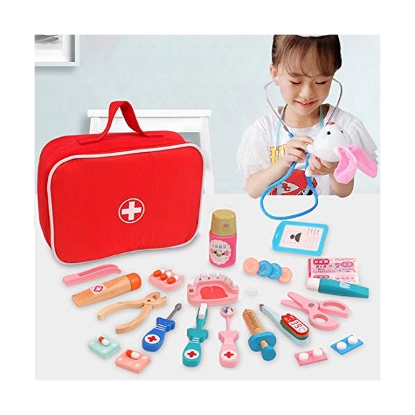 TONGJI Malette Docteur Enfant Bois, Kit Medecin Enfant 17 Pièce Jeu dimitation Jouet Docteur Set Médecin Valise Docteur Médic