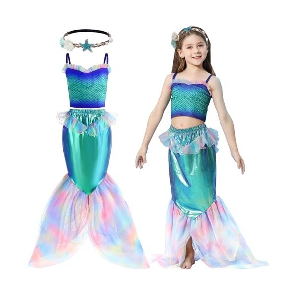 vamei Deguisement Sirène Fille Robe Sirène Enfant Princesse Robe Costume avec Bandeau pour Anniversaire Fête Cosplay Hallowee