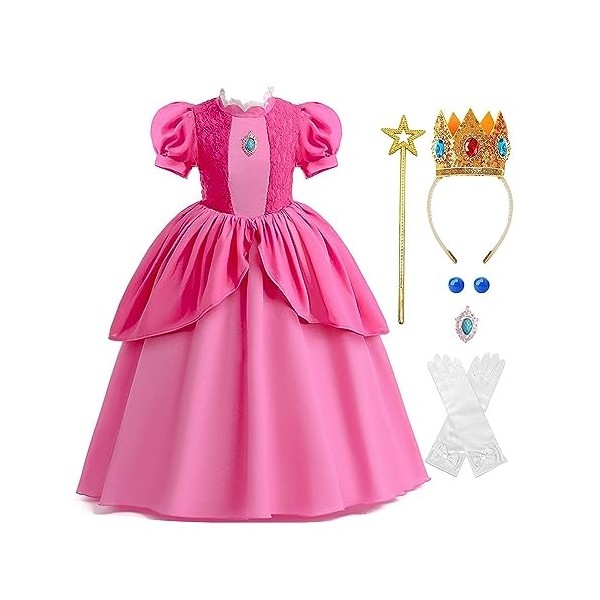 TENZHVXI Pêche Cosplay Robe Filles Princesse Cosplay Costumes Filles Pêche Cosplay Costumes avec Couronne Gants Baguette Hall