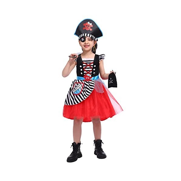 Rabtero Costume de Pirate pour enfants, fille mise à niveau de luxe pirate princesse robe, 7 pièces pirate accessoires pour l