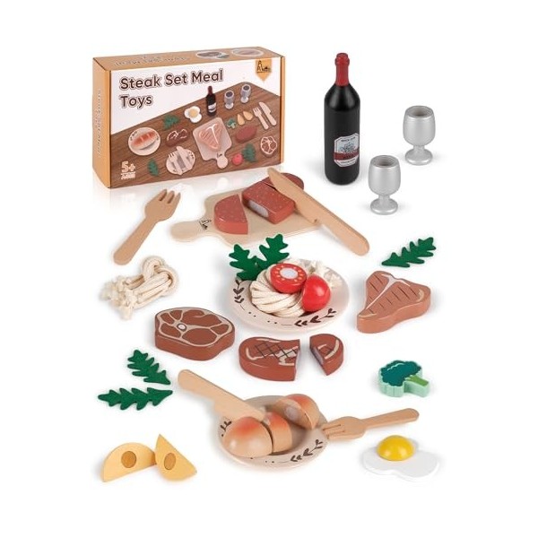 RRIBOUDWAN Nourriture de Jeu en Bois pour Enfants, Jouet à Steak, Ensemble daccessoires de Cuisine, Jeu de Simulation de Res