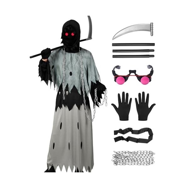 Alaiyaky Costume de faucheuse pour enfant et adulte - Ensemble de costume  de faucheuse effrayant - Robe avec chaînes, lunette