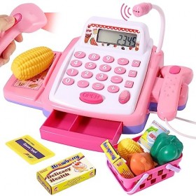 HYAKIDS Caisse Enregistreuse Jouet, Supermarché Jouet avec Electronique Calculatrice, Scanner, Lumière et Sons, Nourriture, C