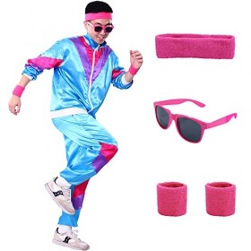 Alaiyaky Ensemble de tenue des années 80, années 80, 90, survêtement avec veste, pantalon, bandeau, lunettes, tenue rétro des