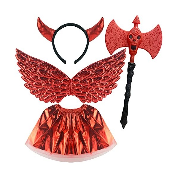 Costume de fée 4 pièces – Ailes dange rouges/bandeau cornes de diable/baguette magique halo de taille énorme/jupe tutu rouge