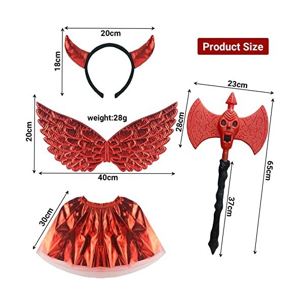 Costume de fée 4 pièces – Ailes dange rouges/bandeau cornes de diable/baguette magique halo de taille énorme/jupe tutu rouge