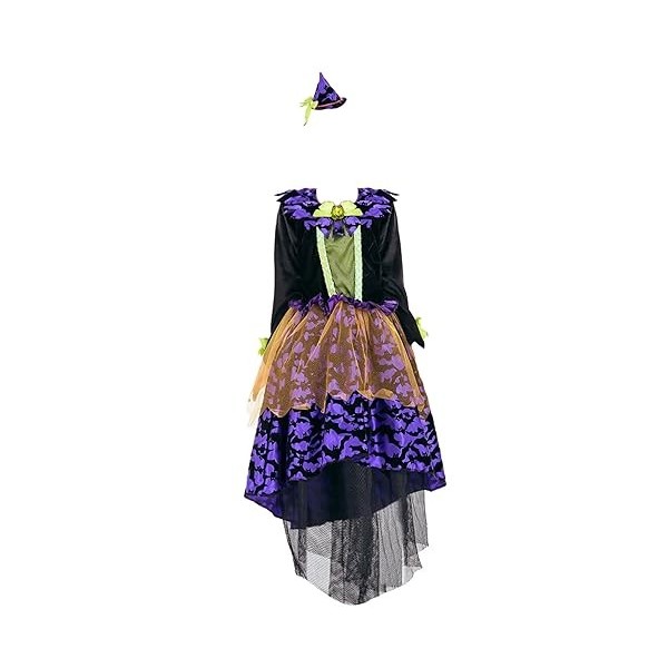 dPois Enfant Fille Déguisement Robe Sorcière Halloween Robe à Étoiles Paillettes Chapeau de Magicien Robe Soirée Cérémonie Sa