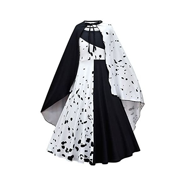 IMEKIS illes Cruella de Vil Costume Halloween Noël Dalmatien Habiller Fantaisie Blanc Noir Robe Avec Cape Méchante Reine Cosp