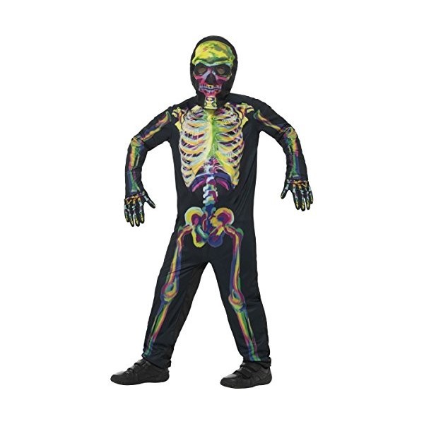 Glow in the Dark Skeleton Costume, Multi-Coloured, with Bodysuit, Mask & Gloves, L 