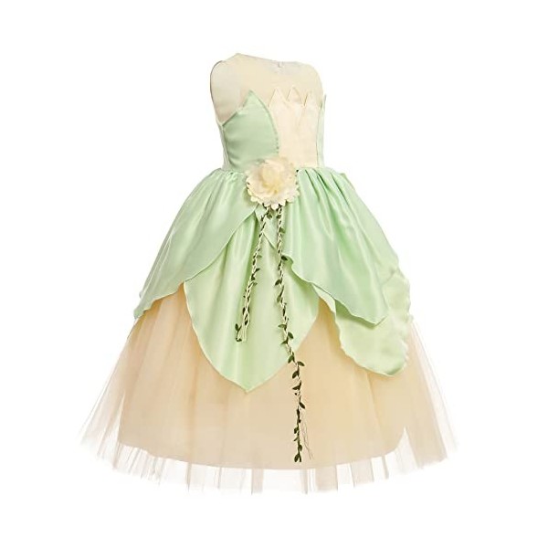 FYMNSI Robe de Princesse Tiana Fille Déguisement Princesse Grenouille Costume Verte Robe pour Enfants Cosplay Halloween Noël 