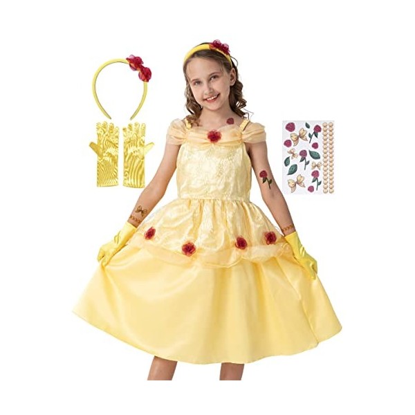 corimori princesse belle costume robe pour enfants | avec tatouages, gants, serre-tête | Déguisement de carnaval pour enfants