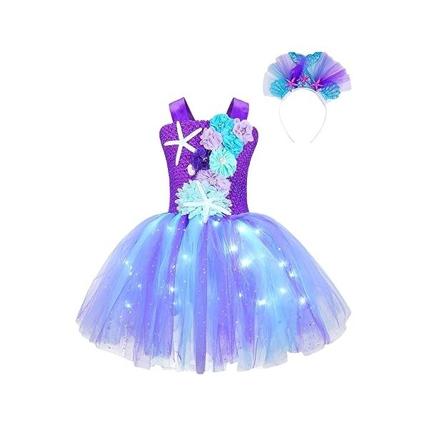 Oyolan Déguisement Sirène Fille Enfant Princesse Robe Lumineuse LED Serre-Tête Bandeau Cosplay Halloween Carnaval Fête Annive