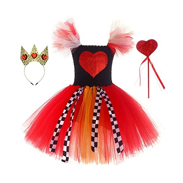 OBEEII Enfant Fille Déguisement de Reine de Coeur Alice au Pays des Merveilles Halloween Costume pour Cosplay Carnaval Fête 