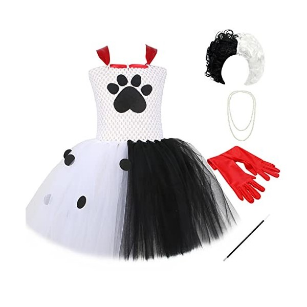 IWEMEK Déguisement Cruella Enfant Fille 101 Dalmatien Costume sans manches tricoté Tutu robe avec perruque gants accessoires 