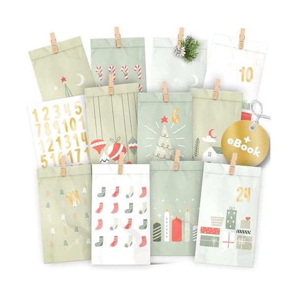 AMARI ® Calendrier de lAvent à remplir Pastell Green - 24 Sacs en papier avec des agrafes en bois à réaliser à Noël - Sacs