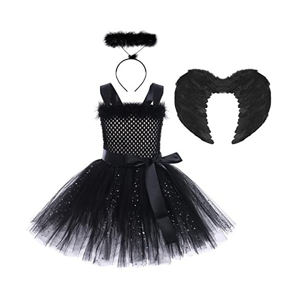 IMEKIS Enfants Filles Ange Démon Costume Rêve Halloween Cosplay Habiller Princesse Tulle Tutu avec Aura Bandeau et Ailes Fée 