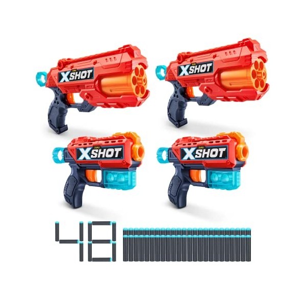 XSHOT- X-Shot Excel Lot de 4 Pistolets Mousse 2xKickback et 2xReflex 6 48 fléchettes, 3 cibles , 36354-2022, Multicolore