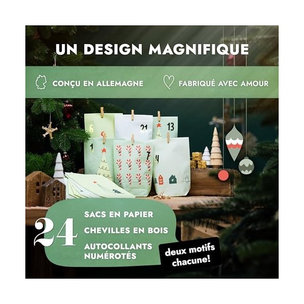 AMARI ® Calendrier de lAvent à remplir Pastell Green - 24 Sacs en papier avec des agrafes en bois à réaliser à Noël - Sacs