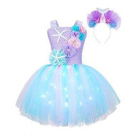 Oyolan Déguisement Sirène Fille Enfant Princesse Robe Lumineuse LED Serre-Tête Bandeau Cosplay Halloween Carnaval Fête Annive