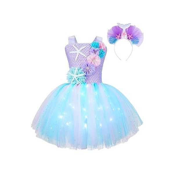 Oyolan Déguisement Sirène Fille Enfant Princesse Robe Lumineuse LED Serre-Tête Bandeau Cosplay Halloween Carnaval Fête Annive