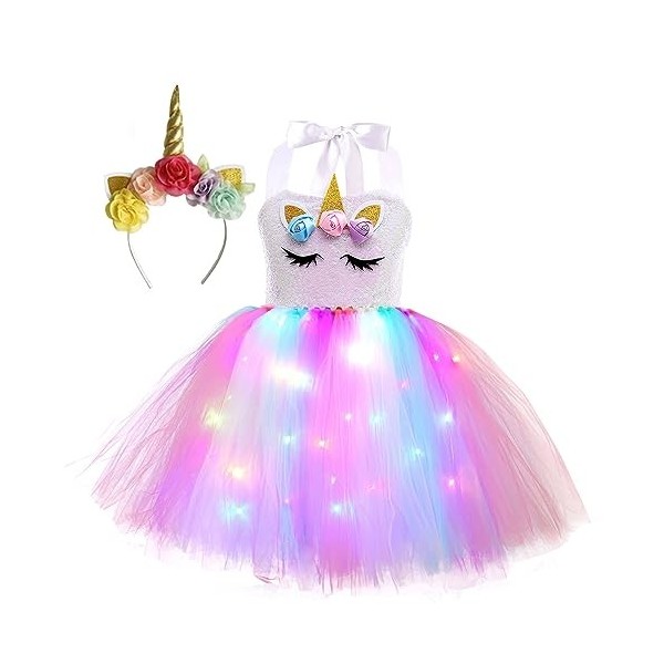 inlzdz Enfants Filles Robe Licorne Déguisement de Princesse Fée Tutu Robe avec Lumières LED Anniversaire Halloween Carnaval F