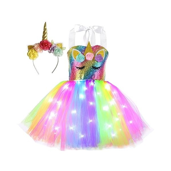 inlzdz Enfants Filles Robe Licorne Déguisement de Princesse Fée Tutu Robe avec Lumières LED Anniversaire Halloween Carnaval F