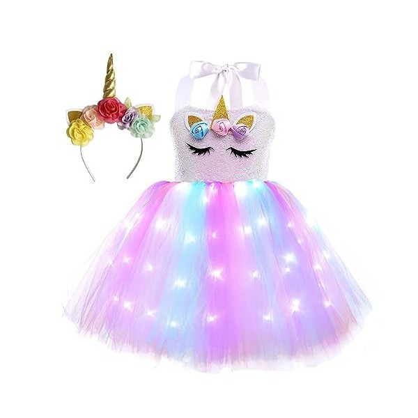 inlzdz Enfants Filles Robe Licorne Déguisement de Princesse Fée Tutu Robe avec Lumières LED Anniversaire Halloween Carnaval F